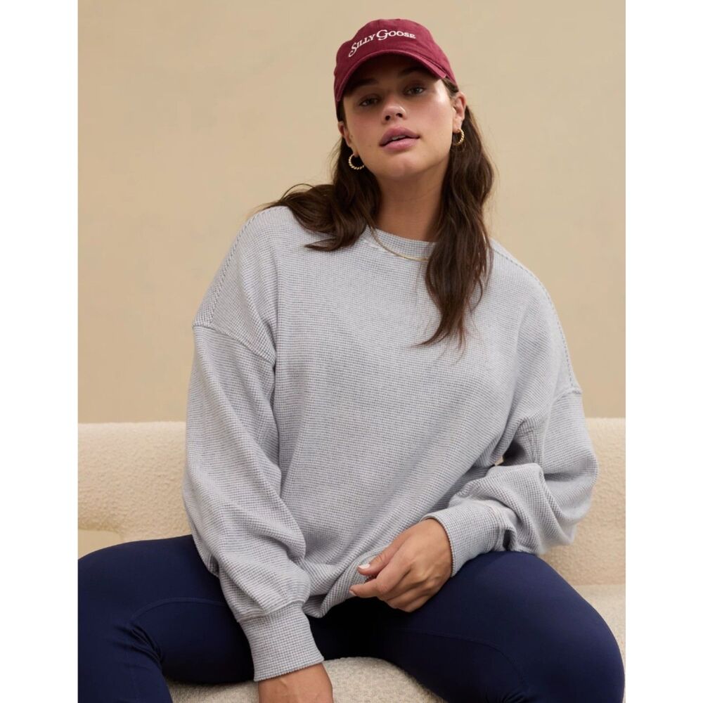 Aerie Getaway Waffle Sweatshirt Oversized Gray Cotton Waffle Lounge Women Medium